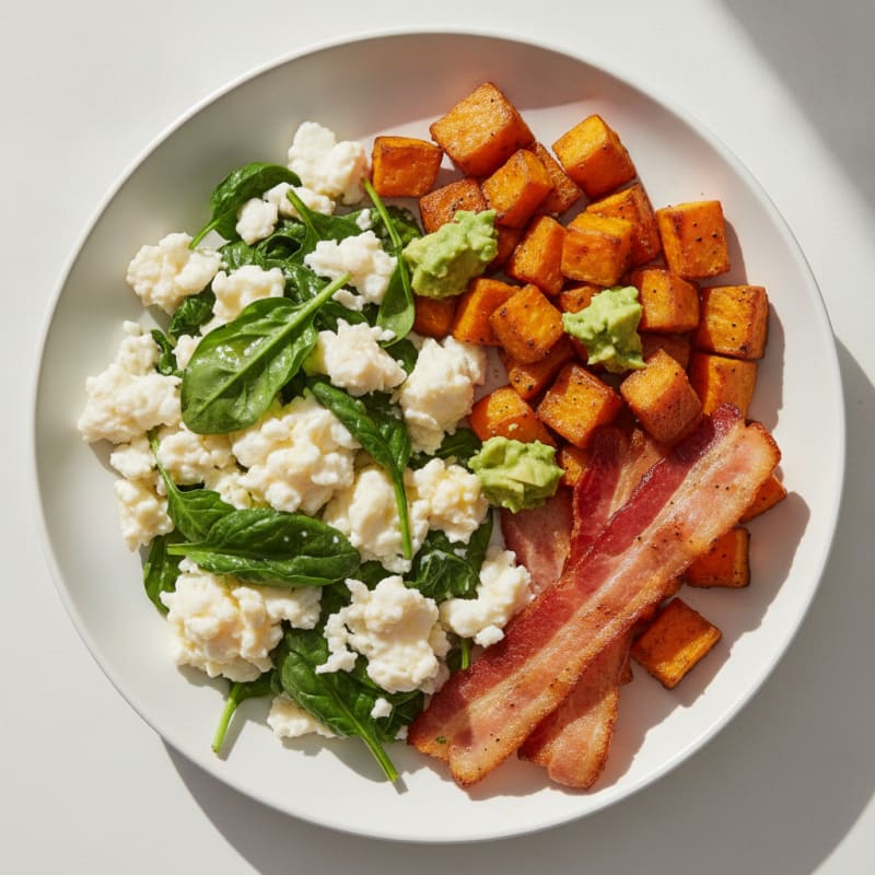 Crispy Turkey Bacon and Spinach Egg White Scramble with Roasted Sweet Potato
