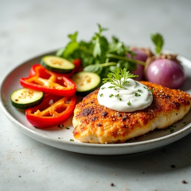 Crispy Lemon-Garlic Spiced Chicken with Roasted Vegetables and Creamy Yogurt Sauce