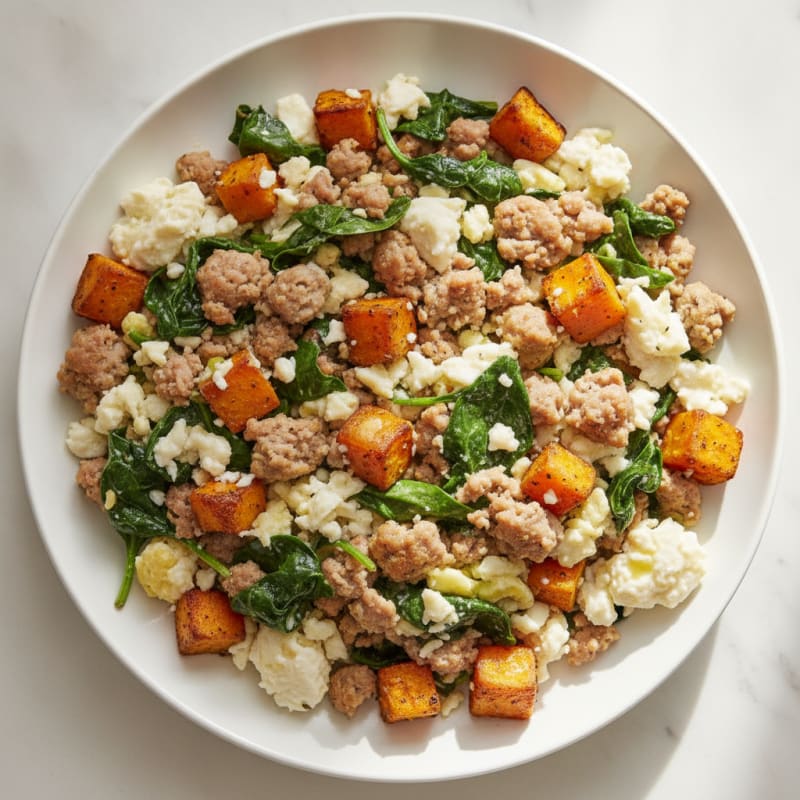 Egg White and Turkey Sausage Scramble with Spinach and Roasted Sweet Potato