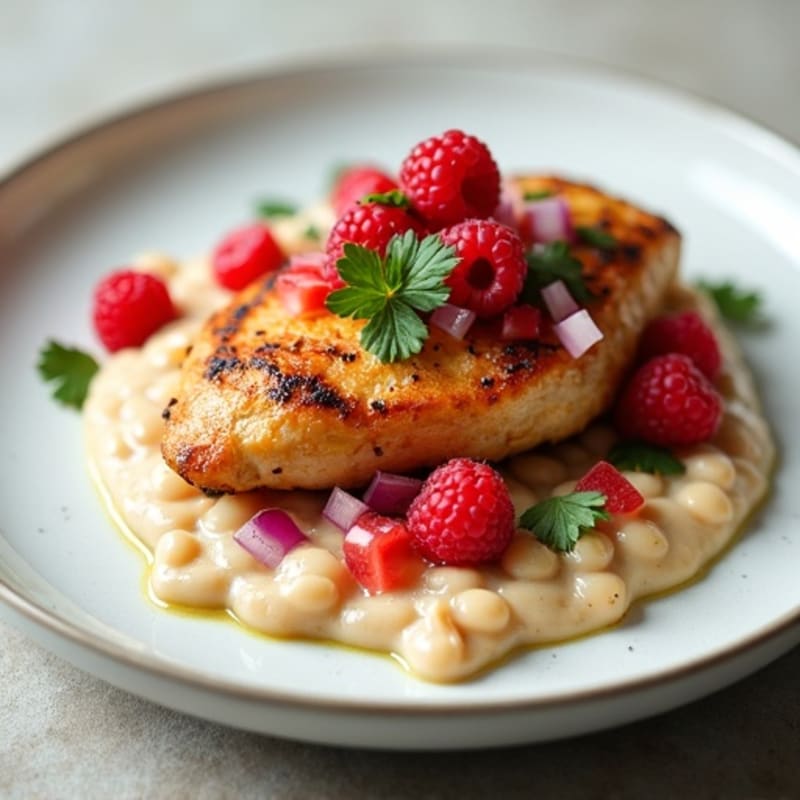 Pan-Seared Chicken with Creamy White Bean Puree and Fresh Raspberry Salsa