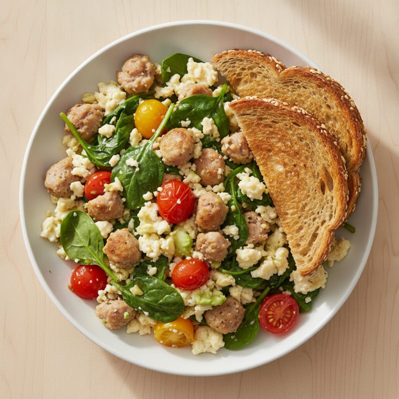Egg White and Turkey Sausage Scramble with Spinach and Cherry Tomatoes