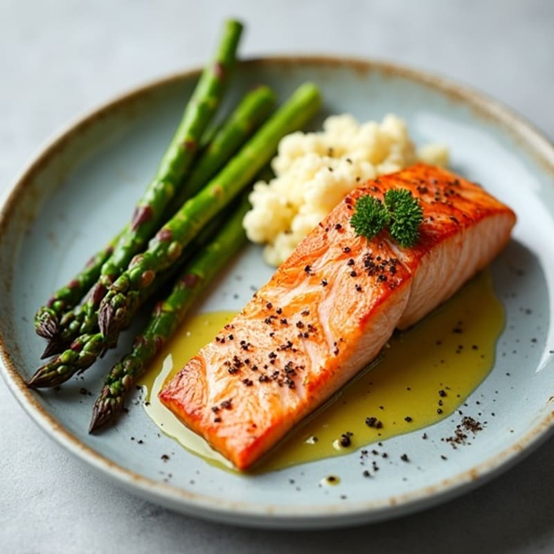 Seared Salmon with Roasted Asparagus and Cauliflower Mash