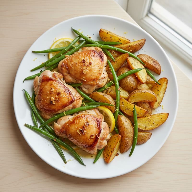 Herb-Baked Chicken Thighs with Crispy Potato Wedges and Green Beans