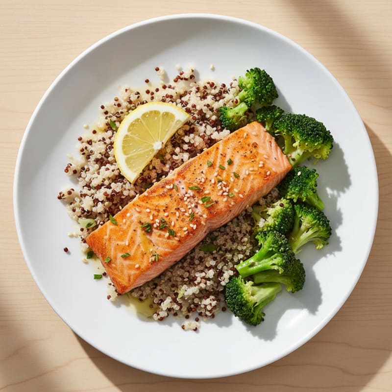 Seared Salmon with Steamed Broccoli and Quinoa