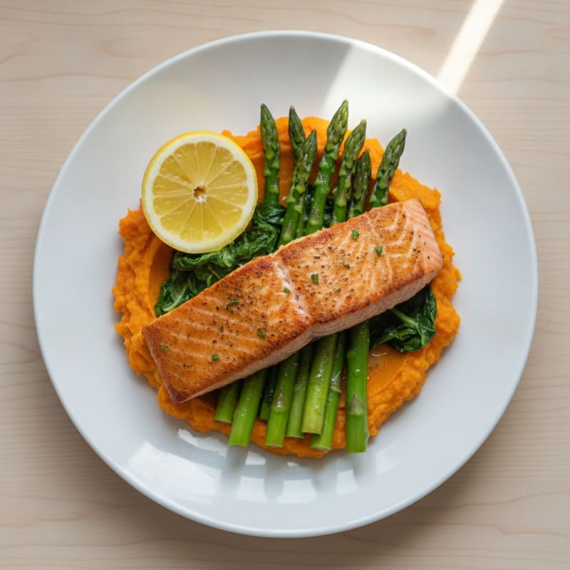 Seared Salmon Fillet with Steamed Asparagus and Sweet Potato Mash