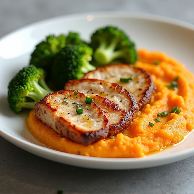 Seared Turkey Breast with Roasted Broccoli and Sweet Potato Mash