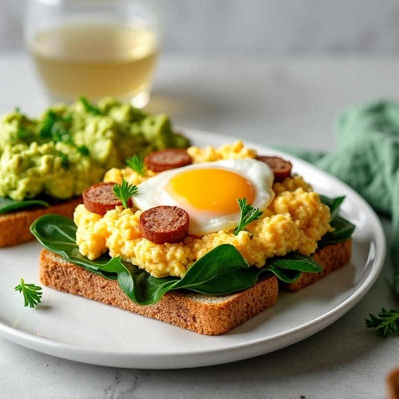 Egg White and Turkey Sausage Scramble with Spinach and Smashed Avocado Toast