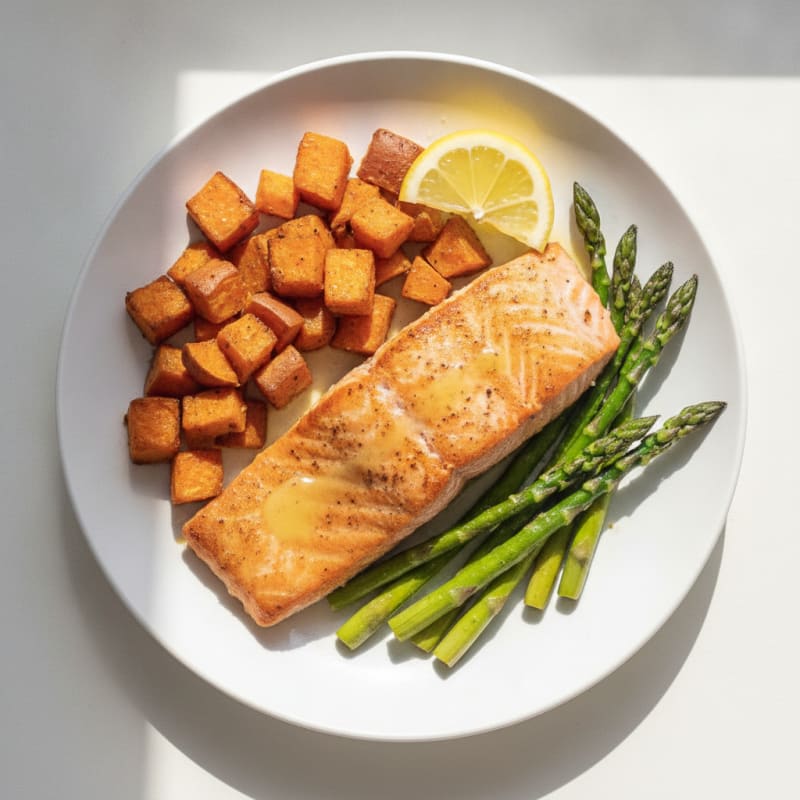 Seared Salmon Fillet with Roasted Sweet Potato and Asparagus