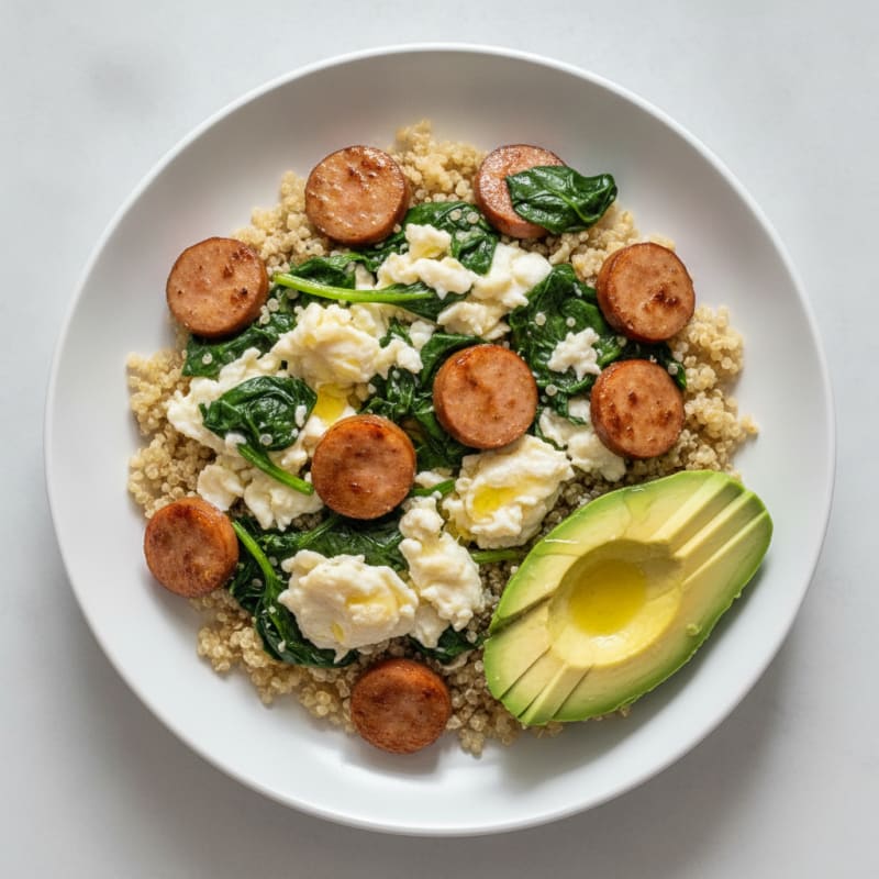Egg White and Turkey Sausage Scramble with Sautéed Spinach and Quinoa