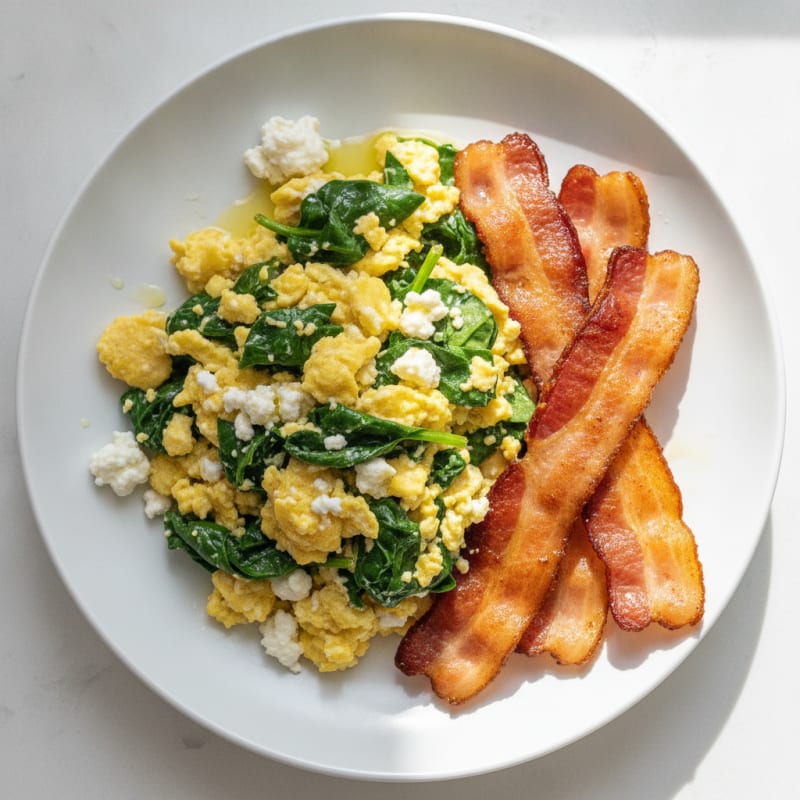 Cottage Cheese Egg Scramble with Spinach and Turkey Bacon