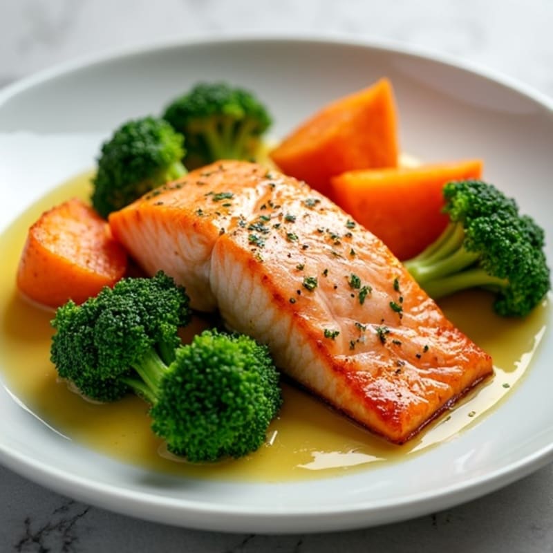 Seared Salmon with Roasted Sweet Potatoes and Steamed Broccoli