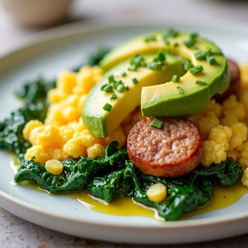 Egg White Scramble with Turkey Sausage and Sautéed Spinach