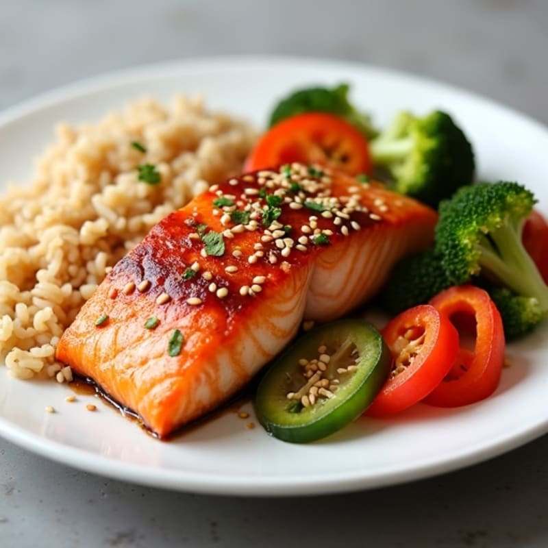 Spicy Sesame Salmon with Brown Rice and Fresh Vegetables