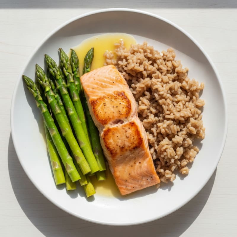 Seared Salmon with Steamed Asparagus and Brown Rice