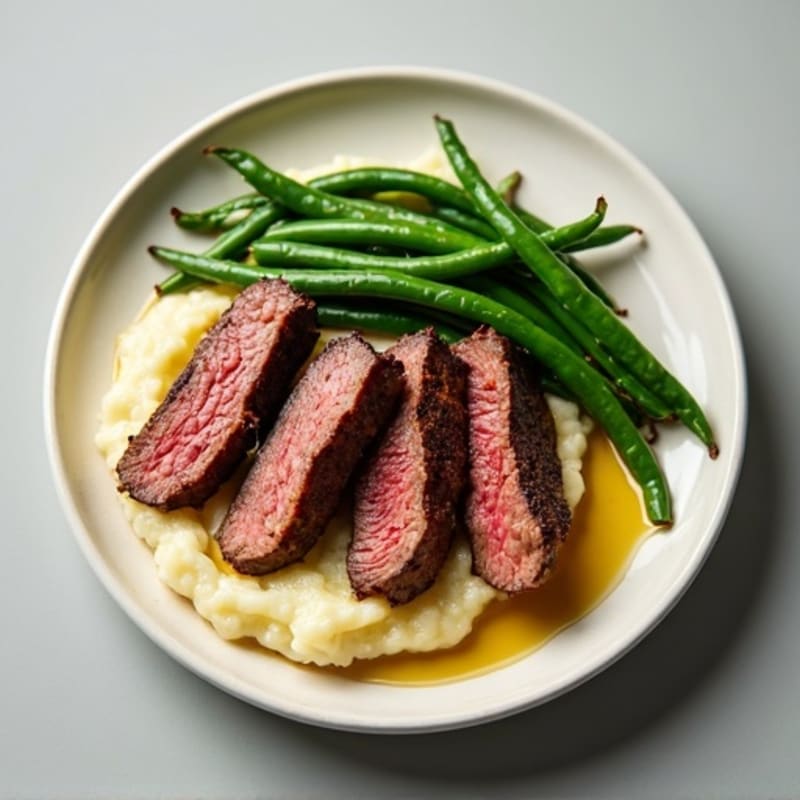 Seared Beef Strips with Steamed Green Beans and Cauliflower Mash