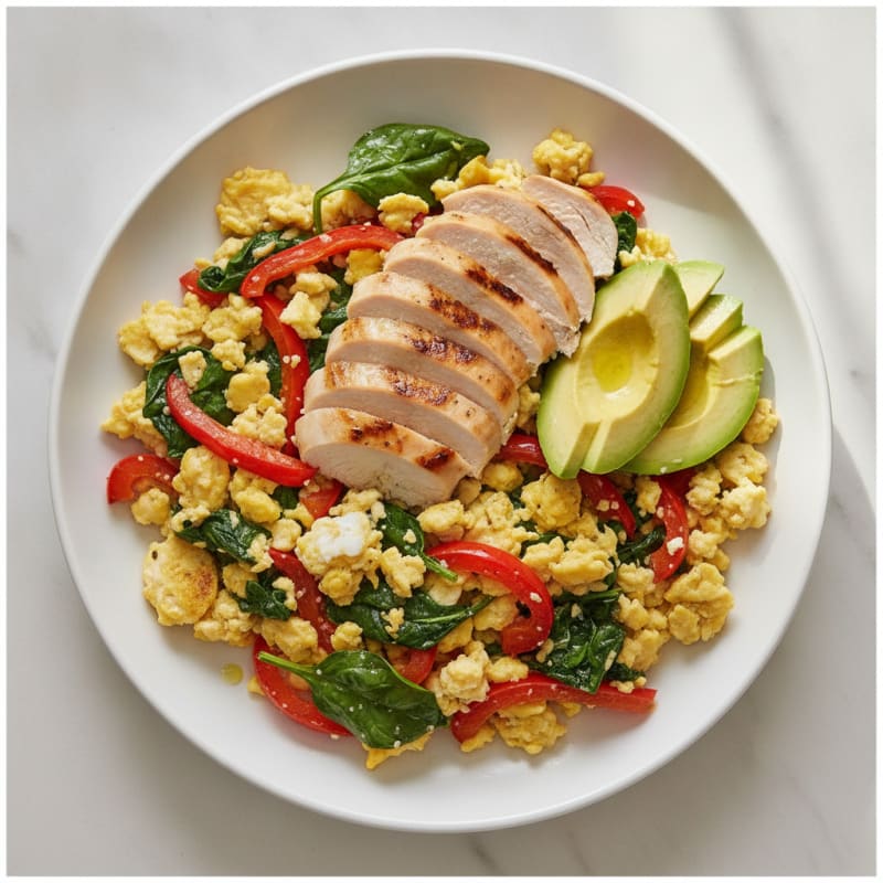 Egg White Veggie Scramble with Grilled Chicken