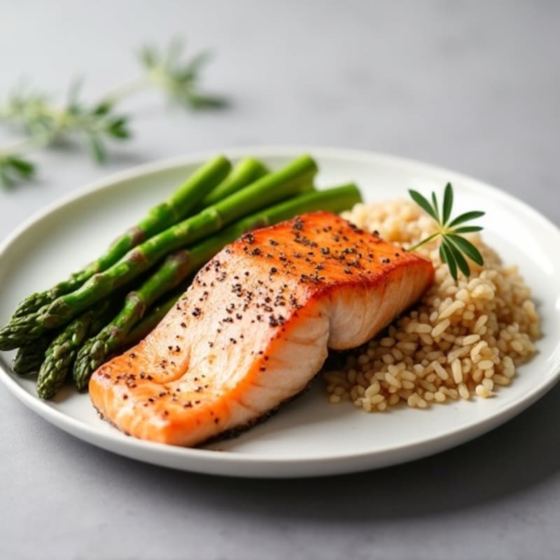 Seared Salmon with Steamed Asparagus and Brown Rice