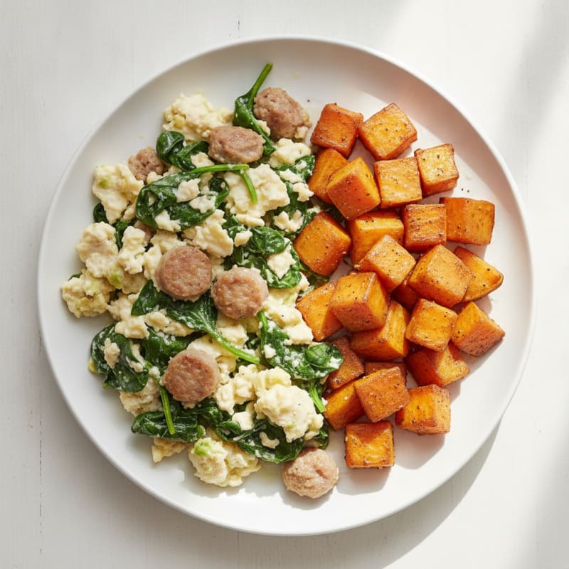 Egg White and Turkey Sausage Scramble with Spinach and Roasted Sweet Potato