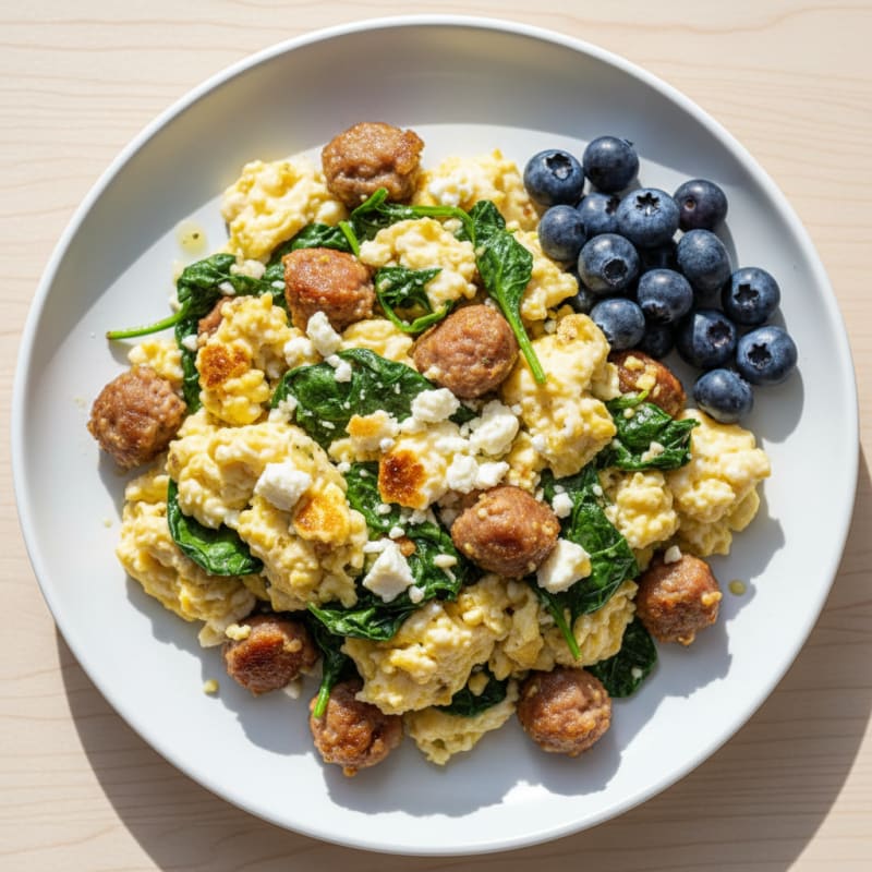 Egg White and Turkey Sausage Scramble with Spinach and Feta