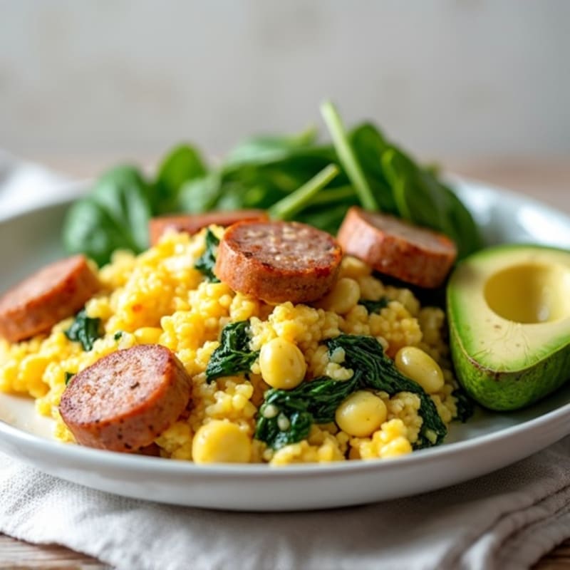 Egg White Scramble with Turkey Sausage and Sautéed Spinach