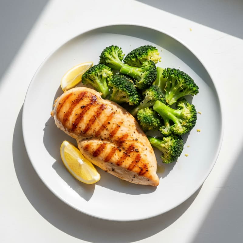 Grilled Chicken Breast with Steamed Broccoli and Lemon