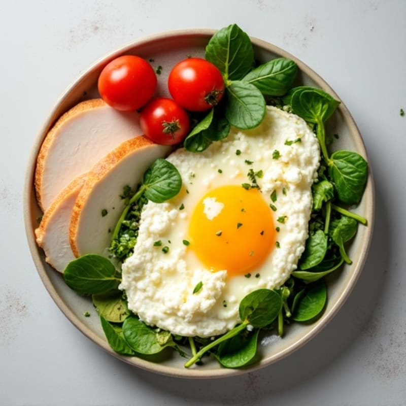 Egg White and Spinach Scramble with Cottage Cheese and Sliced Turkey