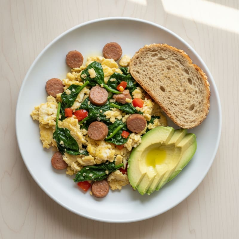 Egg White Spinach Scramble with Turkey Sausage