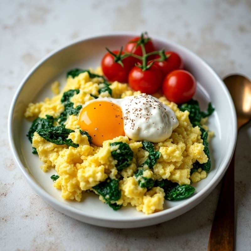 Creamy Scrambled Eggs with Cottage Cheese and Sautéed Spinach