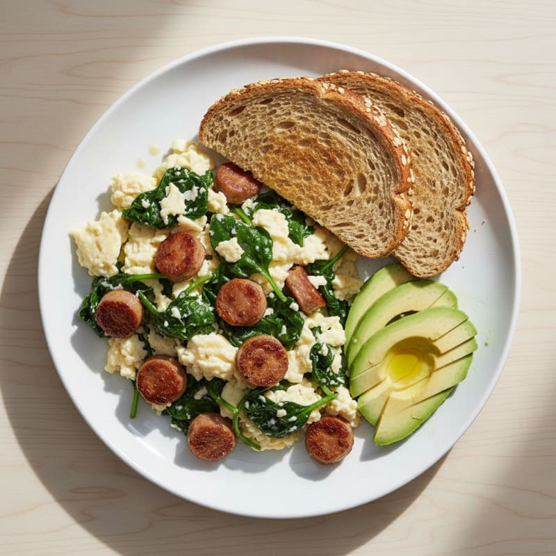 Egg White Scramble with Turkey Sausage and Sautéed Spinach