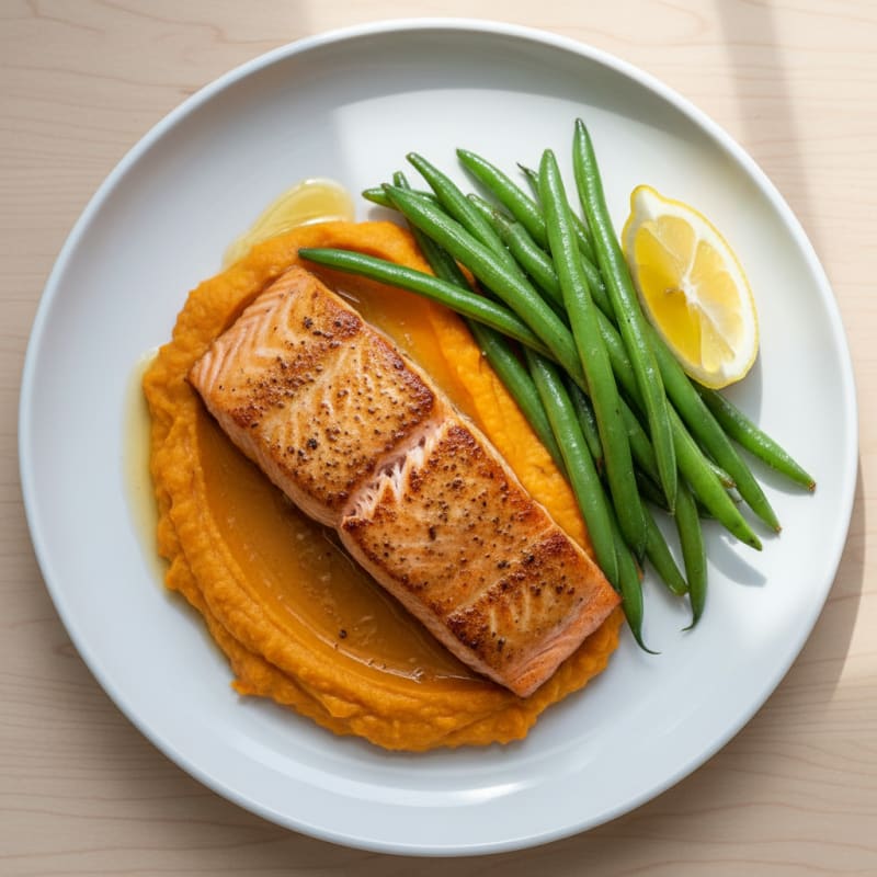 Seared Salmon with Steamed Green Beans and Sweet Potato Mash