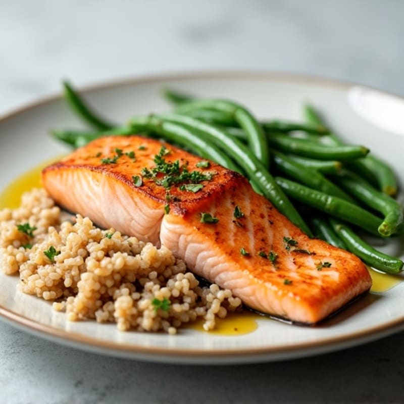 Seared Salmon with Steamed Green Beans and Brown Rice