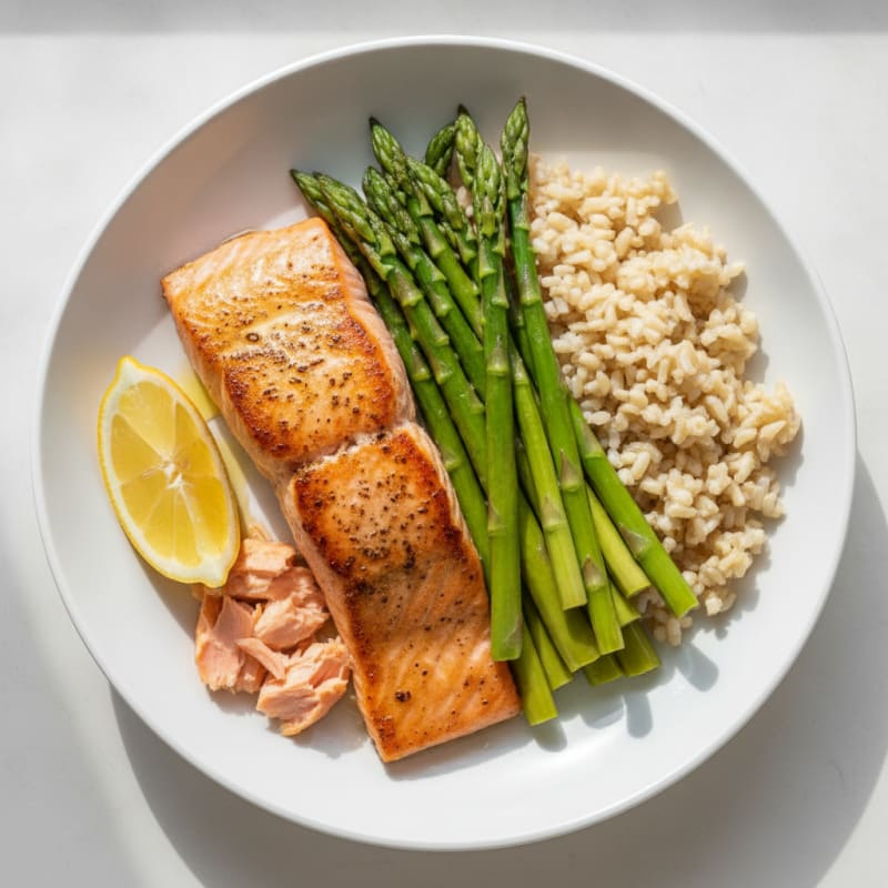 Seared Salmon with Steamed Asparagus and Brown Rice