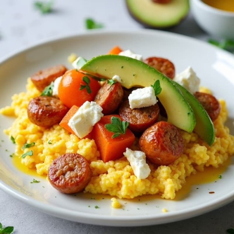 Egg White Scramble with Turkey Sausage and Roasted Sweet Potatoes