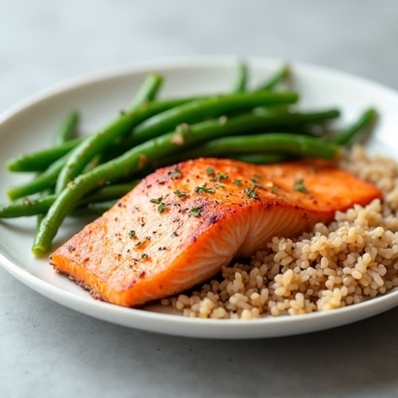 Seared Salmon Fillet with Steamed Green Beans and Brown Rice