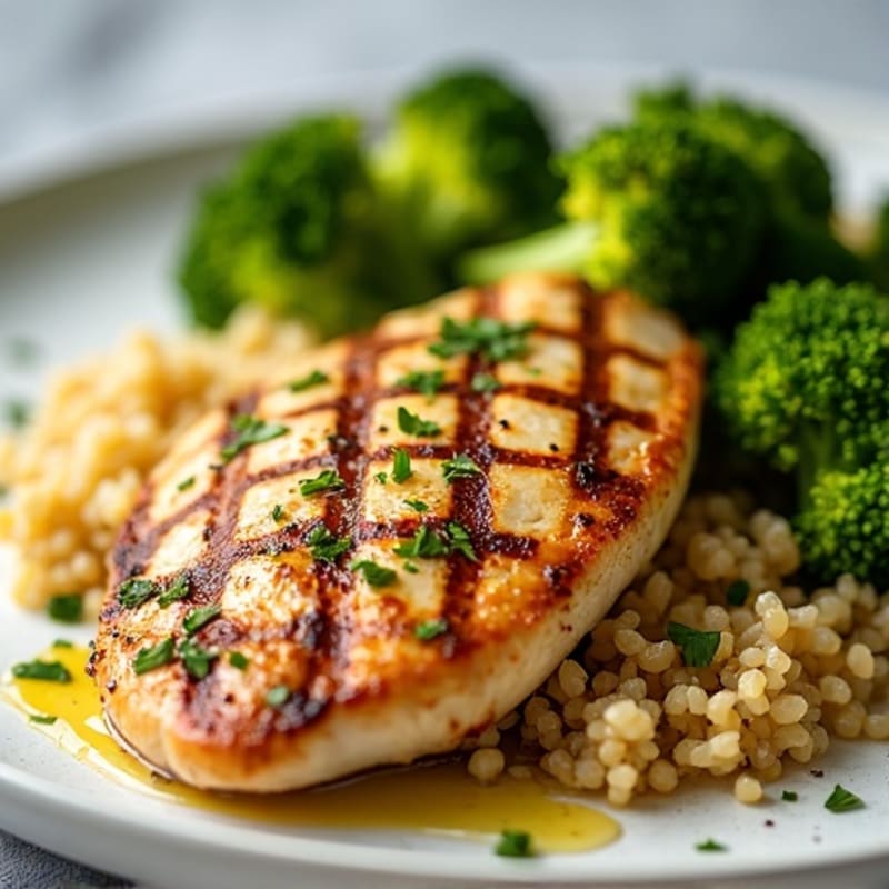 Grilled Lemon-Garlic Chicken Breast with Quinoa and Roasted Broccoli