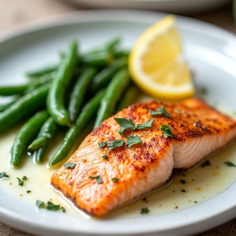 Seared Salmon with Steamed Green Beans and Lemon