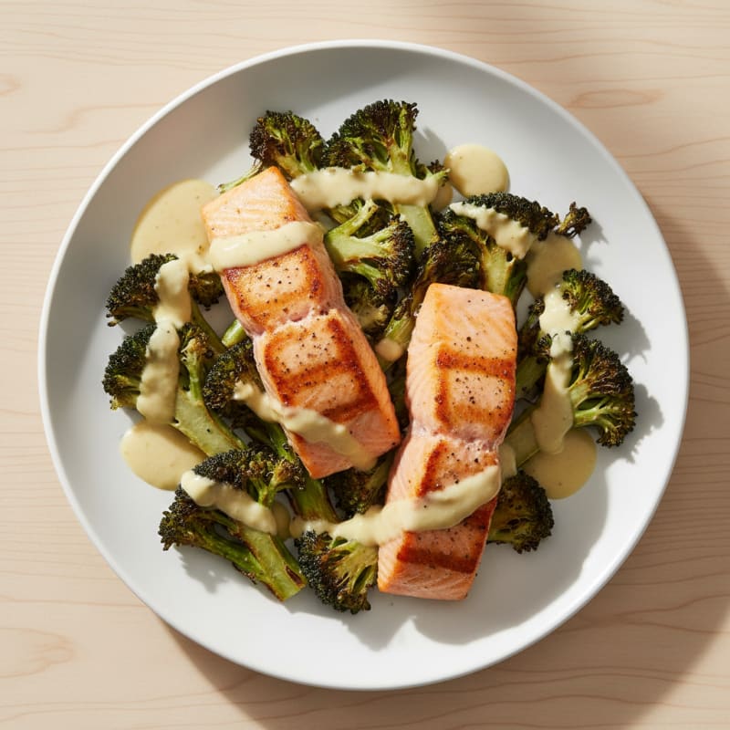 Seared Salmon with Roasted Broccoli and Lemon Tahini Drizzle