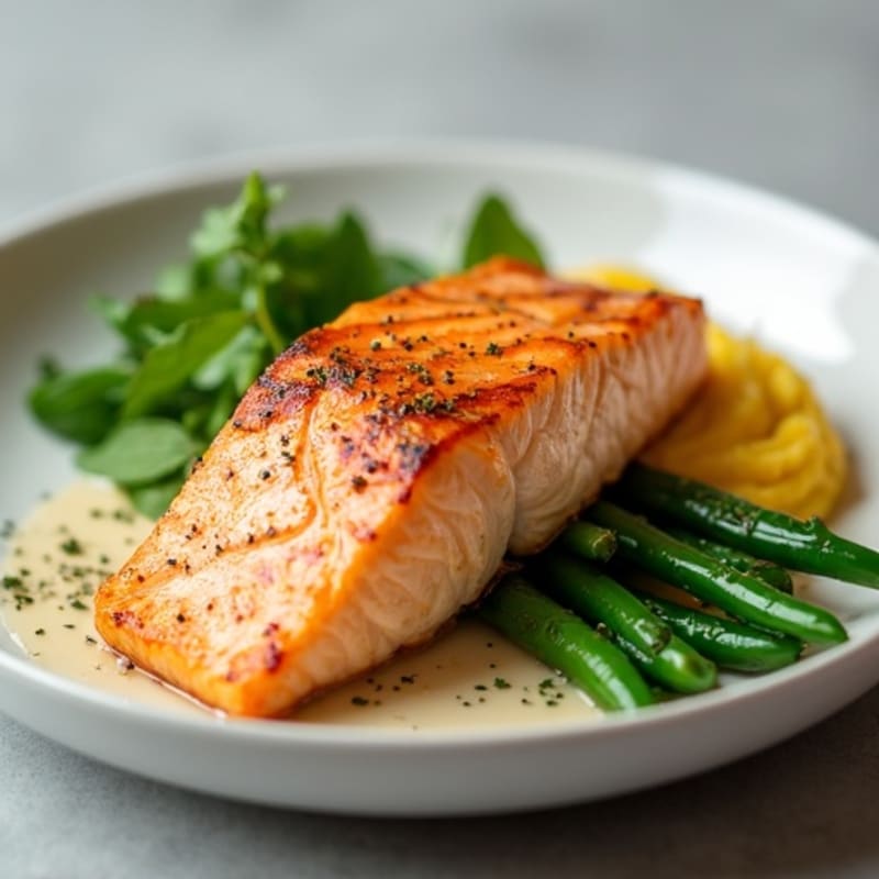 Seared Salmon Fillet with Steamed Green Beans and Mashed Sweet Potato