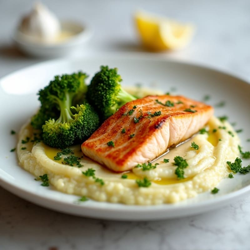 Seared Salmon with Garlic Roasted Broccoli and Cauliflower Mash