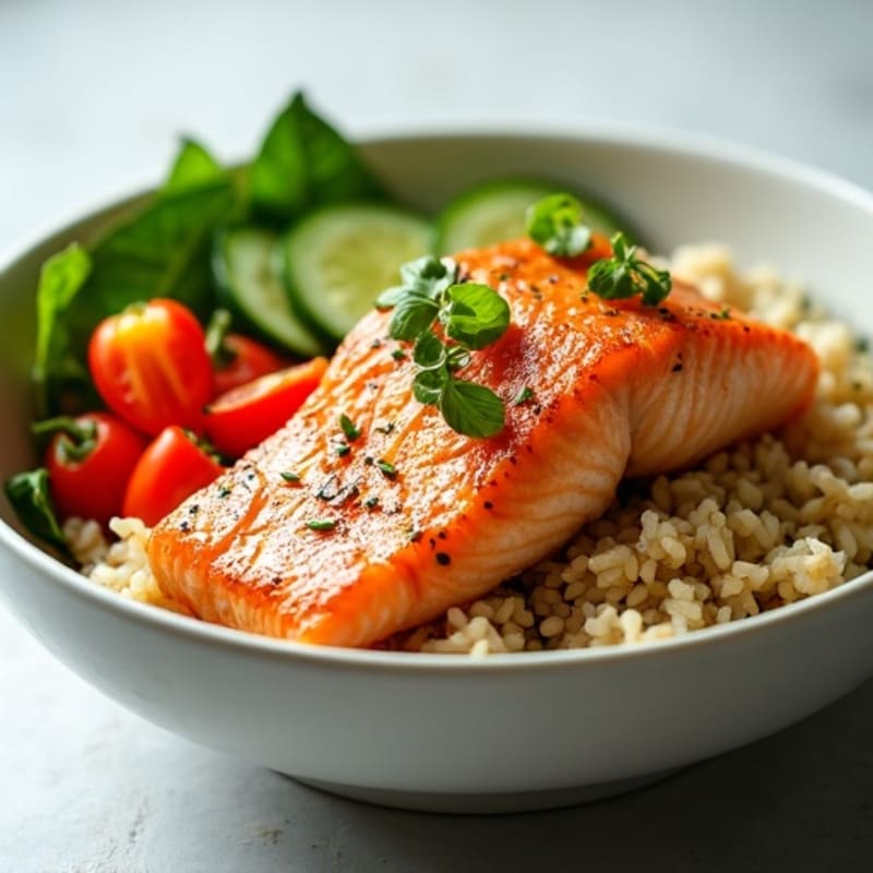 Crispy Salmon and Fresh Vegetable Rice Bowl