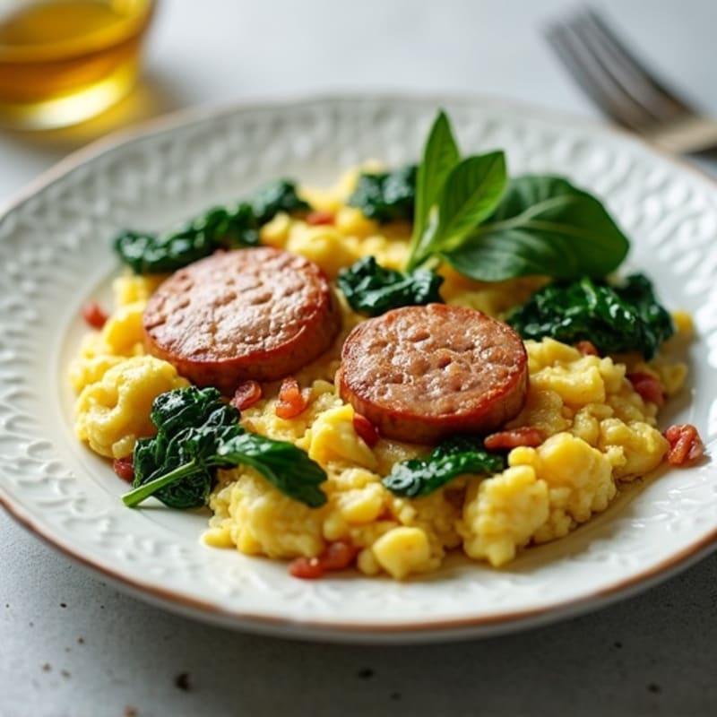 Egg White and Turkey Sausage Scramble with Sautéed Spinach