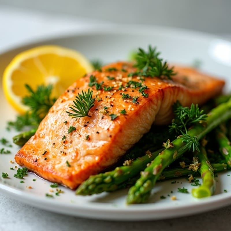 Crispy Pan-Seared Salmon with Lemon Herb Roasted Asparagus