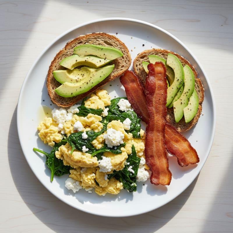 Cottage Cheese Scramble with Spinach and Turkey Bacon