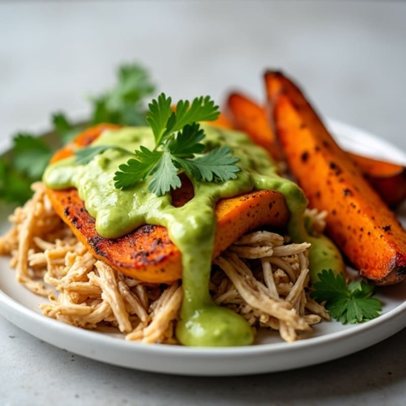 Zesty Shredded Chicken with Crispy Roasted Sweet Potato Wedges and Creamy Avocado Drizzle