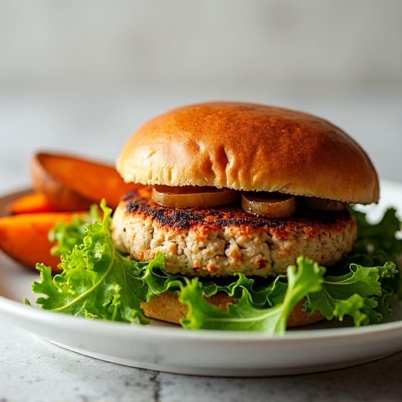 Herb-Seasoned Turkey Burger with Crispy Sweet Potato Wedges and Fresh Greens