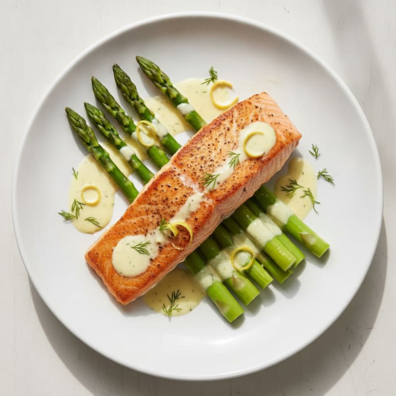 Seared Salmon with Steamed Asparagus and Lemon Yogurt Sauce