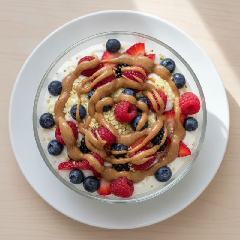 Greek Yogurt Protein Parfait with Mixed Berries and Almond Butter