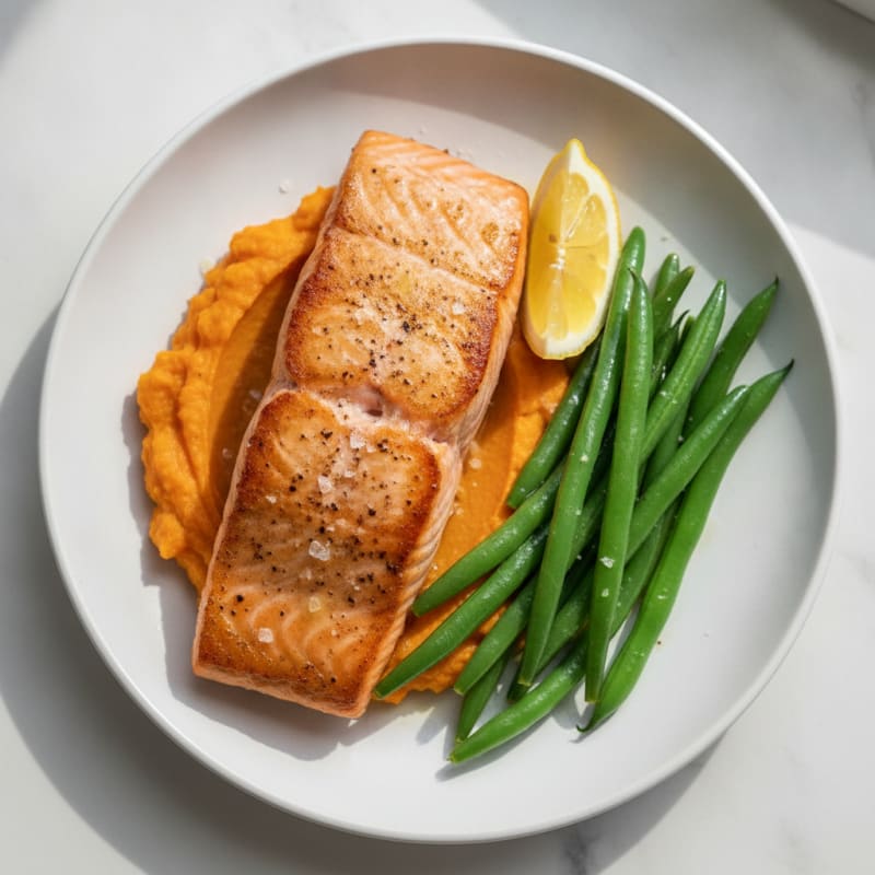 Seared Salmon Fillet with Steamed Green Beans and Sweet Potato Mash