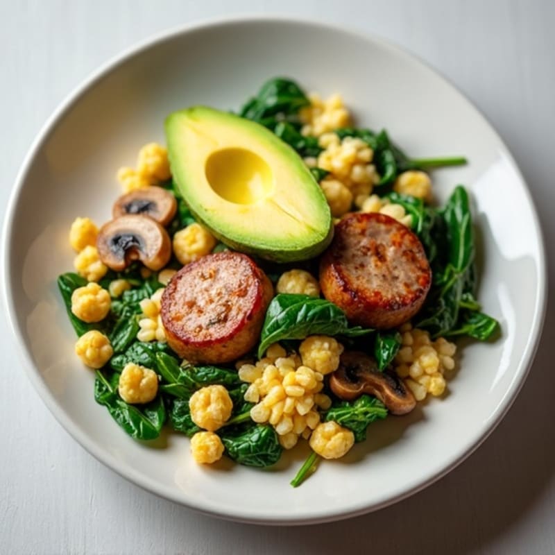 Egg White and Turkey Sausage Scramble with Spinach and Mushrooms