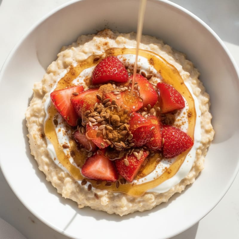 Strawberry Honey Oatmeal with Flax Seeds